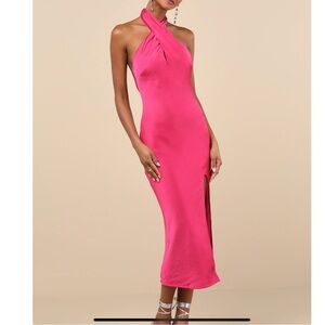 Lulus Beyond Classy Hot Pink Satin Halter Midi Dress s